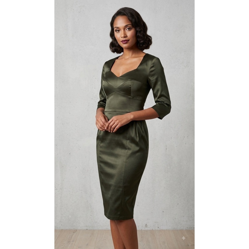 Deadly Dames Micheline Pitt Olive Green Satin Wiggle Dress Pinup Pencil Midi L